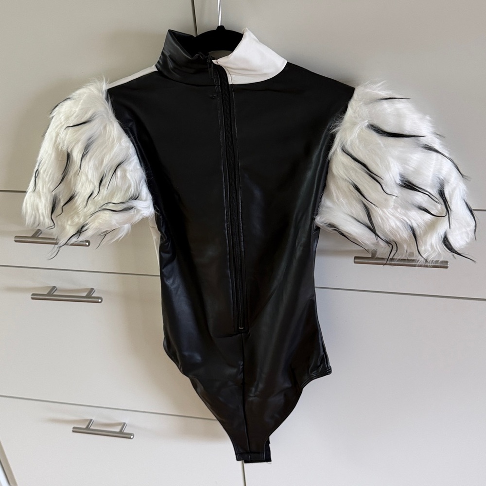 Black and White Faux Fur Sleeve Bodysuit